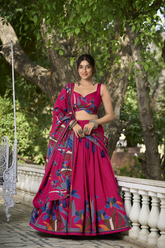 Premium Tusser Silk Floral Print Lehenga Choli - Stitched Ethnic Wear with Dupatta
