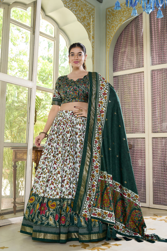 Tusser Silk Floral Print Lehenga Choli Set - Stitched Lehenga with Unstitched Blouse & Dupatta