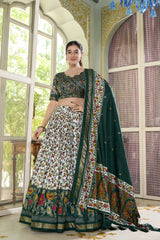 Tusser Silk Floral Print Lehenga Choli Set - Stitched Lehenga with Unstitched Blouse & Dupatta