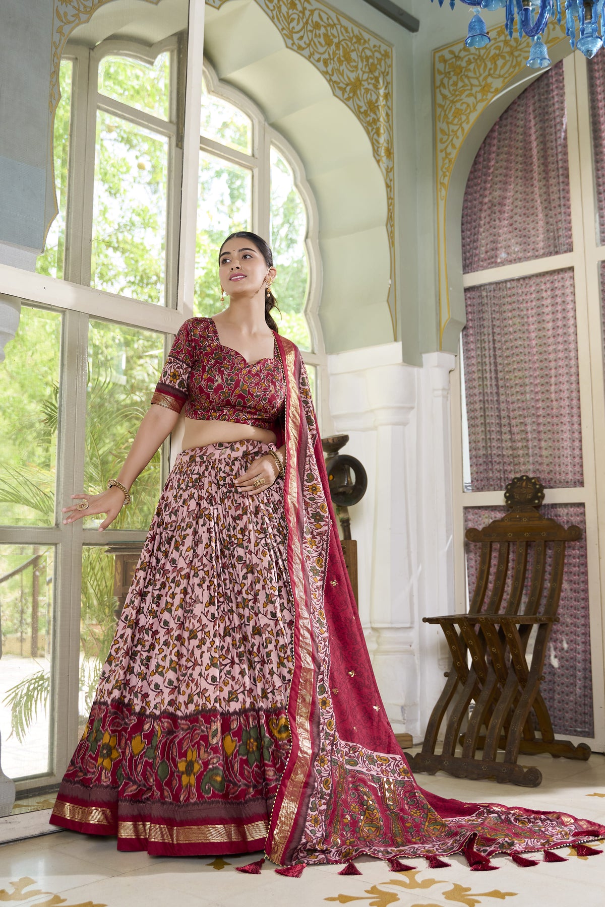 Tusser Silk Floral Print Lehenga Choli Set - Stitched Lehenga with Unstitched Blouse & Dupatta