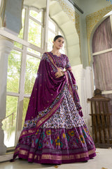 Tusser Silk Floral Print Lehenga Choli Set - Stitched Lehenga with Unstitched Blouse & Dupatta