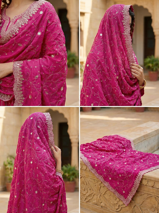 Premium Embroidered Chiffon Dupatta with Cut Work Border | Designer Dupatta